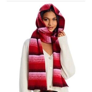 AQUA Scarf Womens Red Stripe Ombre Hooded Wrap Around Heavy Chunky Knit $109